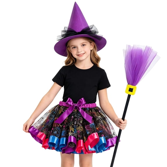 REDARER Girls Halloween Witch Cosplay Set with Pointed Witch Hat Printed Tulle Skirt Bow Decoration Themed Party Dress Up Outfit,M