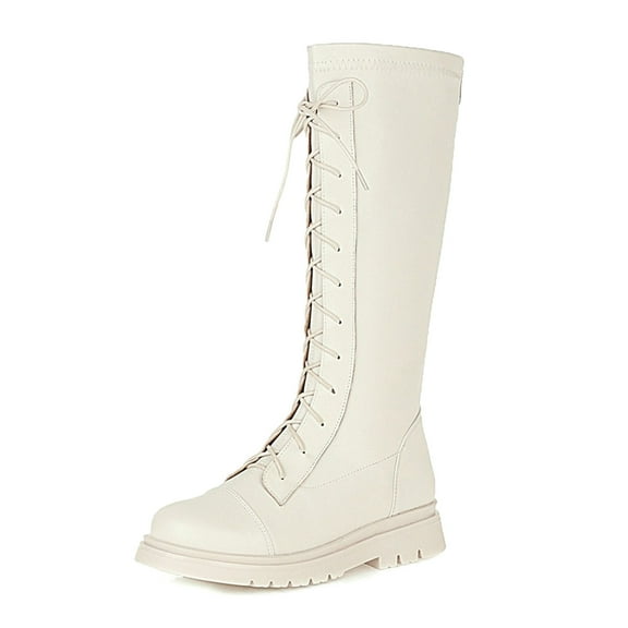 REDARER Girls High Calf Riding Boots, PU Leather Punk Style with Side Zipper, Lace Up Winter Boots Korean British Style,Size:12-12.5 Years