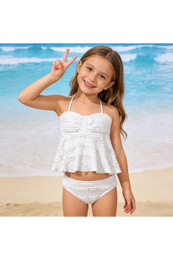 Girls High Stretch Ribbed Smocked Tankini 2 Piece Swimsuit Bathing Suit for Beach Pool,9-10 Years