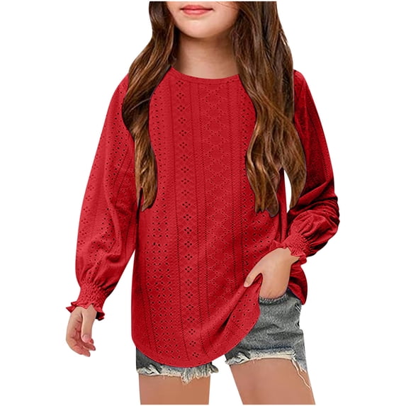 REDARER Girls' Hollow Out Long Sleeve Casual Blouse - Loose Fit Round Neck Comfortable Breathable Spring Summer Daily Wear Basic Tee Top,12-14 Years