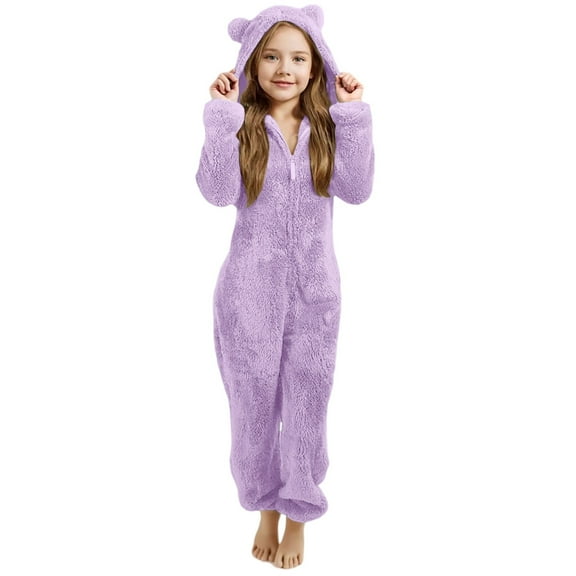 REDARER Girls Hooded Pajama with Ears Winter Warm Sleepwear for Kids Cozy Loungewear,Kids Clothing,Size:11-12 Years