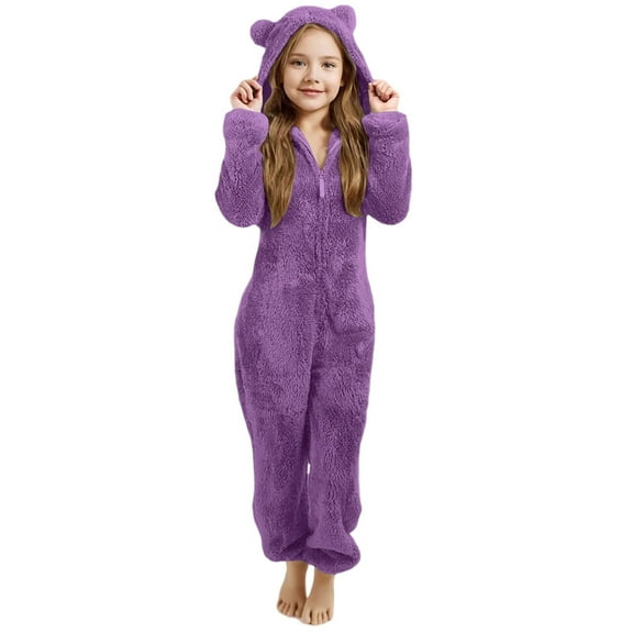 REDARER Girls Hooded Pajama with Ears Winter Warm Sleepwear for Kids Cozy Loungewear,Kids Clothing,Size:7-8 Years