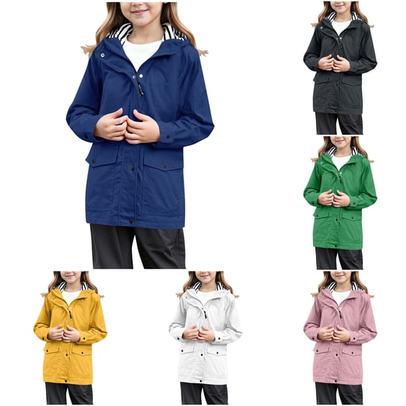 REDARER Girls Hooded Rain Windbreaker Jacket Lightweight Mid Length Windproof Outerwear Zip Snap Closure Flap Pockets Adjustable Hood Coat for Kids Daily Outdoor Activities,13-14 Years