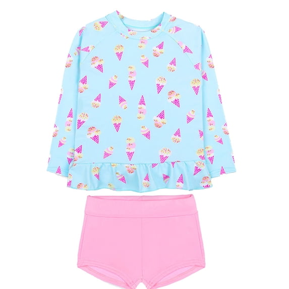 REDARER Girls Ice Cream Print Long Sleeve Ruffle Hem Rash Guard Solid Brief Bottom Two Piece Swimsuit Summer Beach Swimwear Set