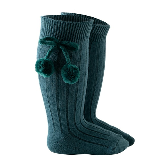 REDARER Girls' Knee-High Socks - Princess Pompom & Ribbed Design, Double Needle Mid-Calf Stockings