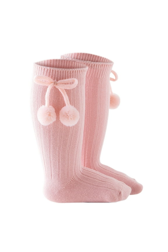 Girls' Knee-High Socks - Princess Pompom & Ribbed Design, Double Needle Mid-Calf Stockings