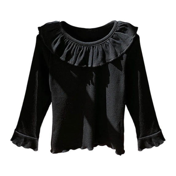 REDARER Girls Knit Blouse Collar Lace Trim Cute Casual Top Soft Comfortable Stretchy Tee Shirt Basic Knitted Pullover Blouse for Girls,Color:Black,Size:3-4 Years