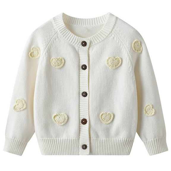 REDARER Girls Knit Cardigan Handmade Heart Design Casual Sweater Soft Comfortable Top Outerwear For Spring Fall Winter,Color:Beige,Size:5-6 Years