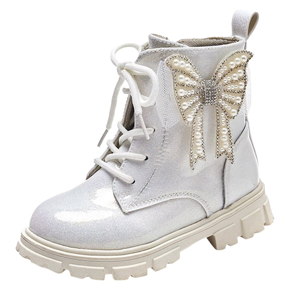 REDARER Girls Korean Style Ankle Boots, Shiny Martin Boots with Bow Decor, Comfortable Soft Sole for Kids Autumn and Winter Fashion,Size:18-24 Months