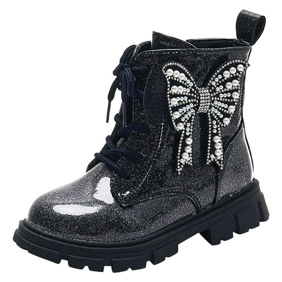 REDARER Girls' Korean-Style Booties - Soft Sole Autumn Shoes with Pearl Bow Detail | Comfortable for Toddlers,Color:Black,Size:8-9 Years
