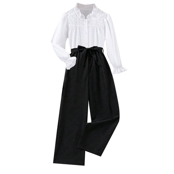 REDARER Girls Lace Top Set 2PC, Hollow Out Blouse & Wide Leg Pants, Dressy Casual Outfit, Kids Sets Clothes, for Size 5-6 Years
