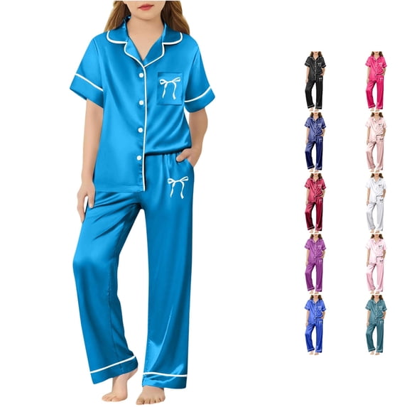 REDARER Girls Lapel Button Satin Pajama Set Short Sleeve Long Pants Cute Bow Print Soft Silk Like Summer Sleepwear,5-6 Years