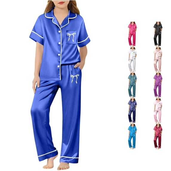 REDARER Girls Lapel Button Satin Pajama Set Short Sleeve Long Pants Cute Bow Print Soft Silk Like Summer Sleepwear,9-10 Years