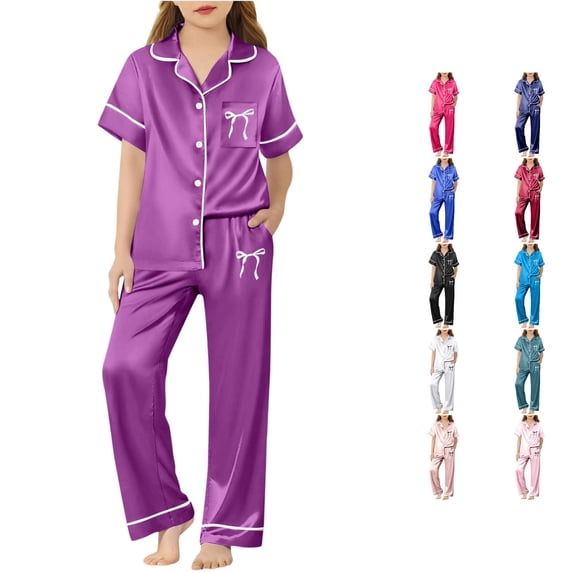 REDARER Girls Lapel Button Satin Pajama Set Short Sleeve Long Pants Cute Bow Print Soft Silk Like Summer Sleepwear,9-10 Years