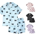 thumbnail image 1 of REDARER Girls Lapel Button Satin Pajama Set Short Sleeve Shorts All Over Bow Print Silk Like Soft Summer Sleep Loungewear,7-8 Years, 1 of 3