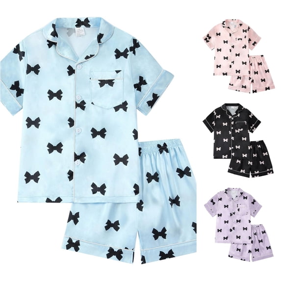 REDARER Girls Lapel Button Satin Pajama Set Short Sleeve Shorts All Over Bow Print Silk Like Soft Summer Sleep Loungewear,7-8 Years