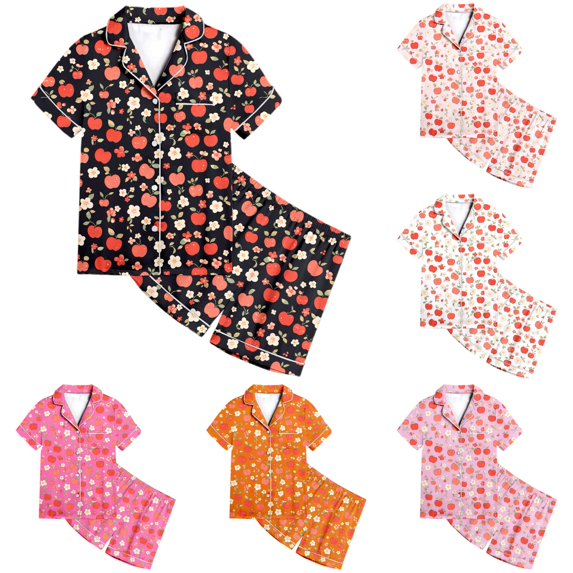 REDARER Girls Lapel Button Satin Pajama Set Short Sleeve Shorts Apple Floral Fruit Print Soft Lightweight Summer Sleep Loungewear For Toddler Kids,10-11 Years