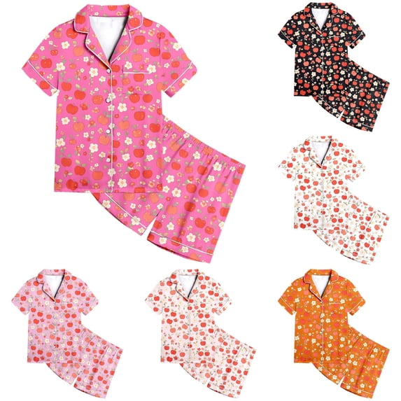 REDARER Girls Lapel Button Satin Pajama Set Short Sleeve Shorts Apple Floral Fruit Print Soft Lightweight Summer Sleep Loungewear For Toddler Kids,12-13 Years