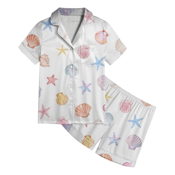 REDARER Girls Lapel Button Satin Pajama Set Short Sleeve Shorts Colorful Seashell Ocean Print White Piping Soft Summer Sleep Loungewear,10-11 Years