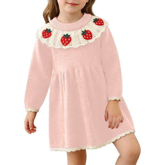 REDARER Girls Lapel Sweater Dress Strawberry Print Knitted Skirt Cute Kids Outfit,3-4 Years