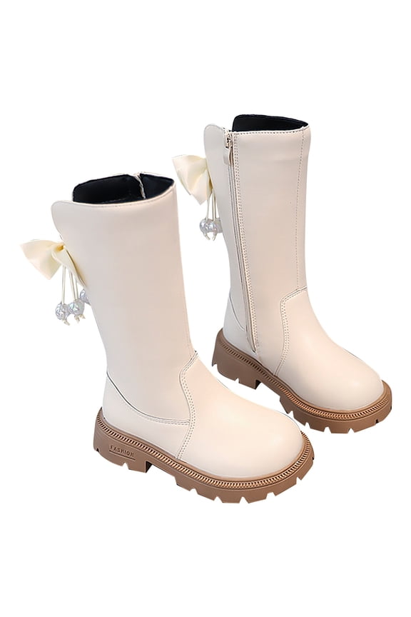 Girls Leather Boots - Calf Height Winter Boots with Bow Detail, Non- Comfortable Footwear for Kids,Size:5.5-6 Years