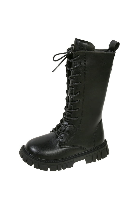 Girls Leather Boots - Flat Sole Calf Height Boots with Lace Up & Side Zipper, Comfortable Princess Style Footwear,Size:11-11.5 Years