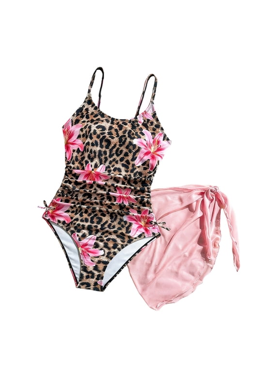 Girls Leopard Lily Print One Piece Swimsuit Side Drawstring Ruched Waist Wrap Cover Up Skirt Beach Bathing Suit,7-8 Years