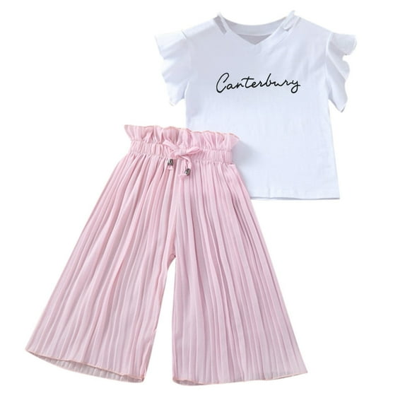 REDARER Girls' Letter Print Outfit Set-Ruffle Sleeve Top + Chiffon Ruched Pants, Loose Fit with Ruffled Trim,for Sze 5-6 Years