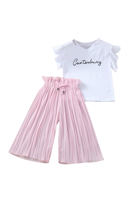 Girls' Letter Print Outfit Set-Ruffle Sleeve Top + Chiffon Ruched Pants, Loose Fit with Ruffled Trim,for Sze 5-6 Years