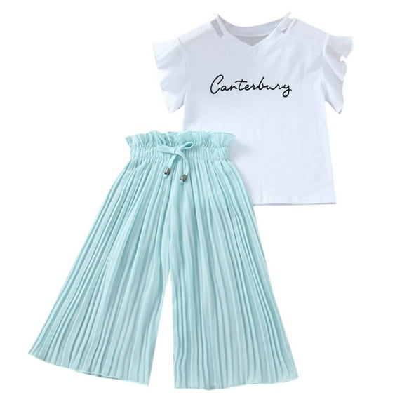 REDARER Girls' Letter Print Outfit Set-Ruffle Sleeve Top + Chiffon Ruched Pants, Loose Fit with Ruffled Trim,for Sze 8-9 Years