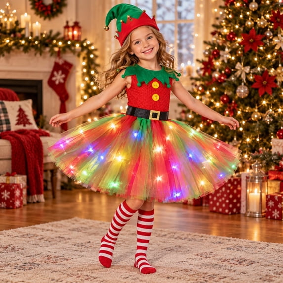 REDARER Girls Light Up Christmas Elf 4PCS Set Holiday Cosplay Outfit with Sleeveless Tutu Dress Elf Hat Striped Socks and LED Light Strip,3-4 Years