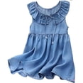 thumbnail image 1 of REDARER Girls Light Wash Denim Sleeveless Dress Ruffle Collar Front Tie Bow Loose Flowy A Line Summer Casual Kids Sundress,7-8 Years, 1 of 9