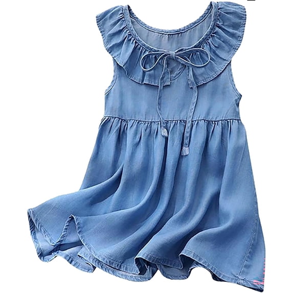 REDARER Girls Light Wash Denim Sleeveless Dress Ruffle Collar Front Tie Bow Loose Flowy A Line Summer Casual Kids Sundress,7-8 Years