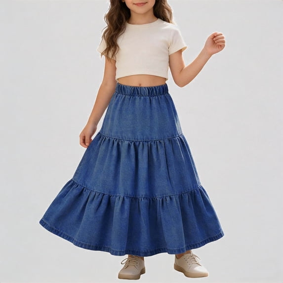 REDARER Girls Light Wash Tiered Denim Maxi Skirt Elastic High Waist Flared A-Line Midi Length Casual Summer Outfit,10-11 Years