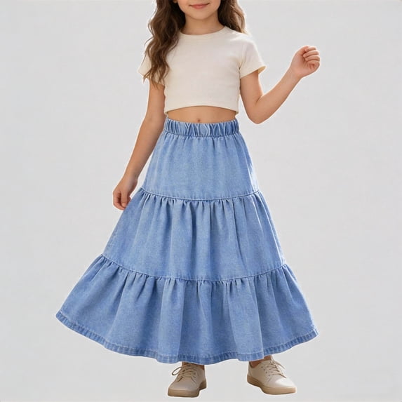 REDARER Girls Light Wash Tiered Denim Maxi Skirt Elastic High Waist Flared A-Line Midi Length Casual Summer Outfit,7-8 Years