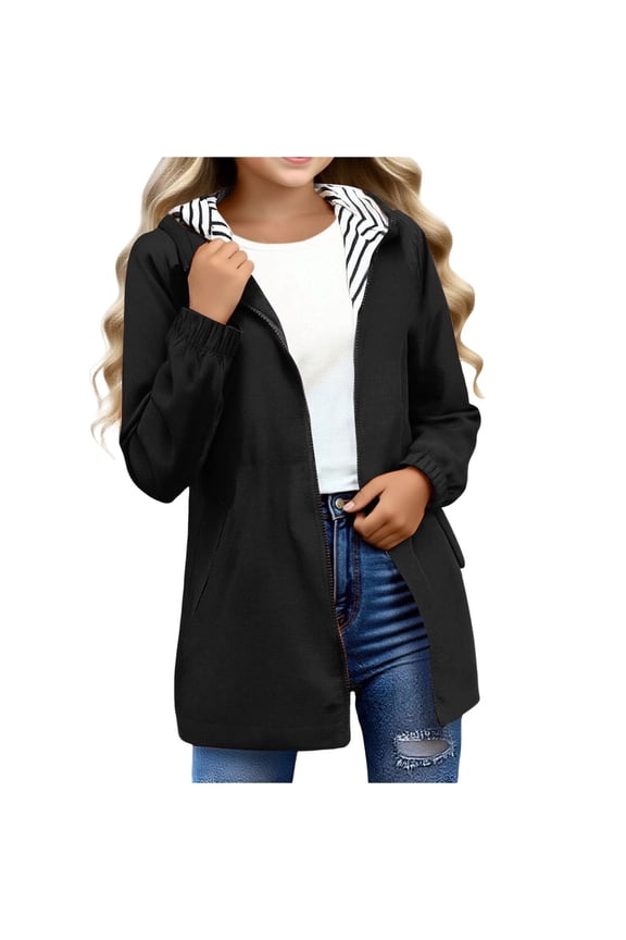 Girls Lightweight Hooded Jacket, Striped Lining with Pockets, Windproof Outdoor Coat for Hiking and Activities,Size:11-12 Years