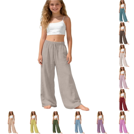 REDARER Girls Linen Wide Leg Pants Elastic Drawstring Waist Side Pockets Loose Casual Summer School Daily Trousers,14-15 Years