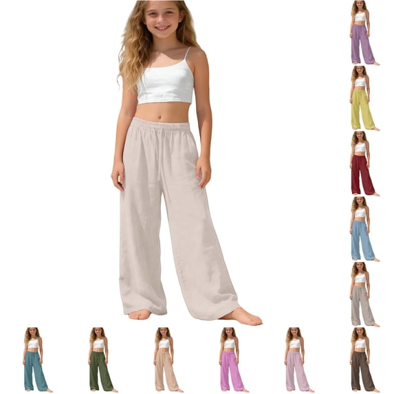 REDARER Girls Linen Wide Leg Pants Elastic Drawstring Waist Side Pockets Loose Casual Summer School Daily Trousers,4-5 Years