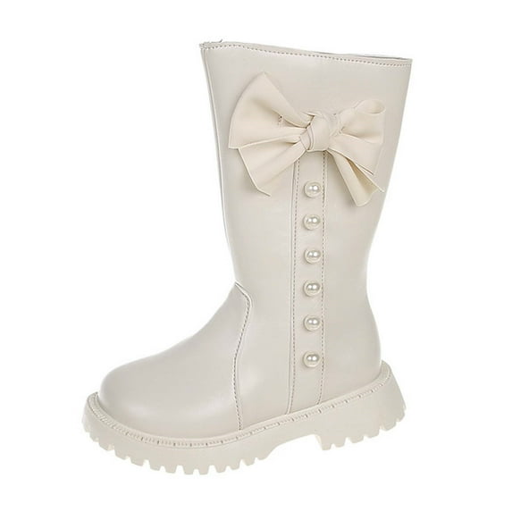 REDARER Girls Long Boots with Pearl Bow Detail, Warm Lined High Top Martin Boots for Kids, Autumn Winter Ankle Booties,Color:Beige,Size:3-3.5 Years