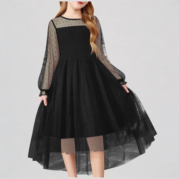 REDARER Girls' Long Puff Sleeve Mesh Dress, Dot Tulle Asymmetrical Hem Dress, Party Princess Dress for Kids,11-12 Years