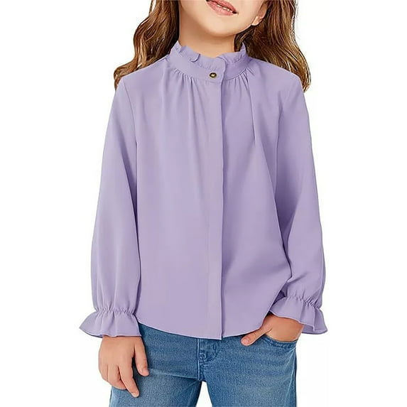 REDARER Girls Long Sleeve Blouse Ruffle Trim Stand Collar Shirt Loose Fit Casual Top Plain Spring Summer Kids Comfortable Wear,Color:Purple,Size:11-12 Years