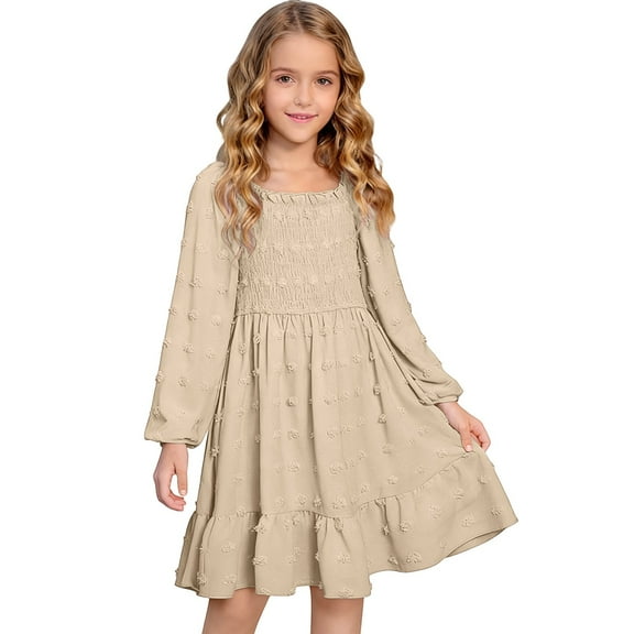 REDARER Girls Long Sleeve Dress Square Neck Smocked Waist Ruffle Detail A-Line Party Casual Comfortable Everyday Wear,Size:8-9 Years