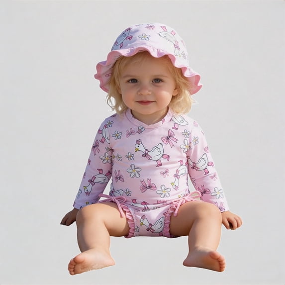 REDARER Girls Long Sleeve One-Piece Swimsuit Set – Print with Ruffle Trim & Matching Sun Hat, Cute for Beach Pool Summer Toddler Bathing,2-3 Years