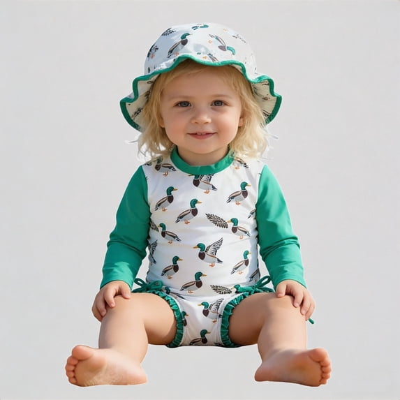 REDARER Girls Long Sleeve One-Piece Swimsuit Set – Print with Ruffle Trim & Matching Sun Hat, Cute for Beach Pool Summer Toddler Bathing,2-3 Years