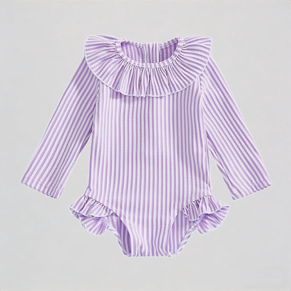 REDARER Girls Long Sleeve One-Piece Swimsuit – Striped Design with Ruffled Collar & Trim, UPF 50 Sun Protection for Beach Pool Summer Toddler Swimwear,12-18 Months