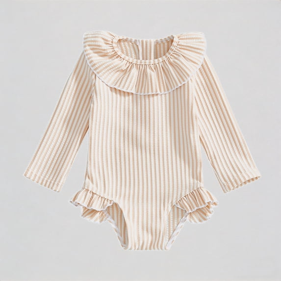 REDARER Girls Long Sleeve One-Piece Swimsuit – Striped Design with Ruffled Collar & Trim, UPF 50 Sun Protection for Beach Pool Summer Toddler Swimwear,3-4 Years