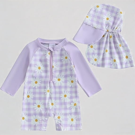 REDARER Girls Long Sleeve Rash Guard Swimsuit Set – Gingham & Daisy Print with Matching Sun Hat, UPF 50+ Protection for Beach Pool Summer Toddler Party,12-18 Months