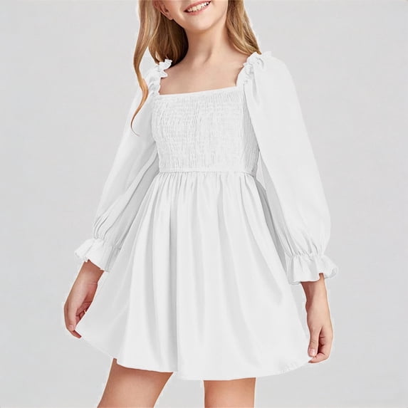 REDARER Girls' Long Sleeve Smocked Dress, Square Neck Ruffle Trim A-Line Dress, Spring Casual Party Dress for Kids,8-9 Years