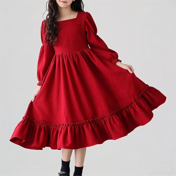 REDARER Girls Long Sleeve Square Neck Red Dress with Ruffle Hem Casual Party Comfortable Midi Dress for Kids,9-10 Years