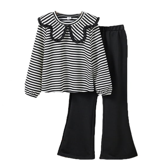 REDARER Girls' Long Sleeve Striped Shirt & Flared Pants 2-Piece Fall Winter Casual Outfit - Stylish Kid's Tunic & Trousers Playwear,8-9 Years